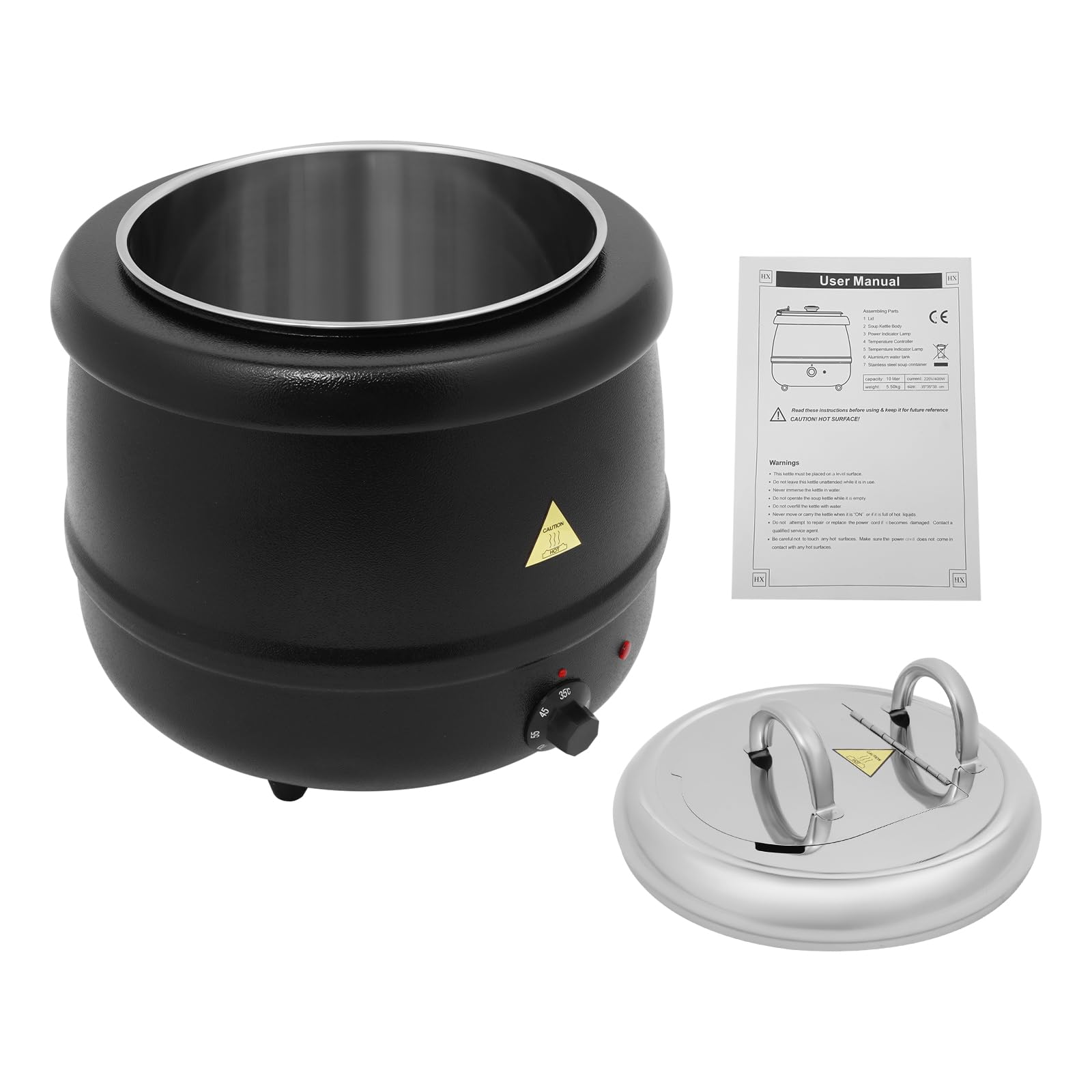 Suppenkessel elektrisch 10L Speisenwärmer für Suppe und Sauce | Gusseisen und Edelstahl, 35 bis 80 °C regelbar, herausnehmbarer Innentopf, Warmhaltebehälter für Buffet Gastronomie