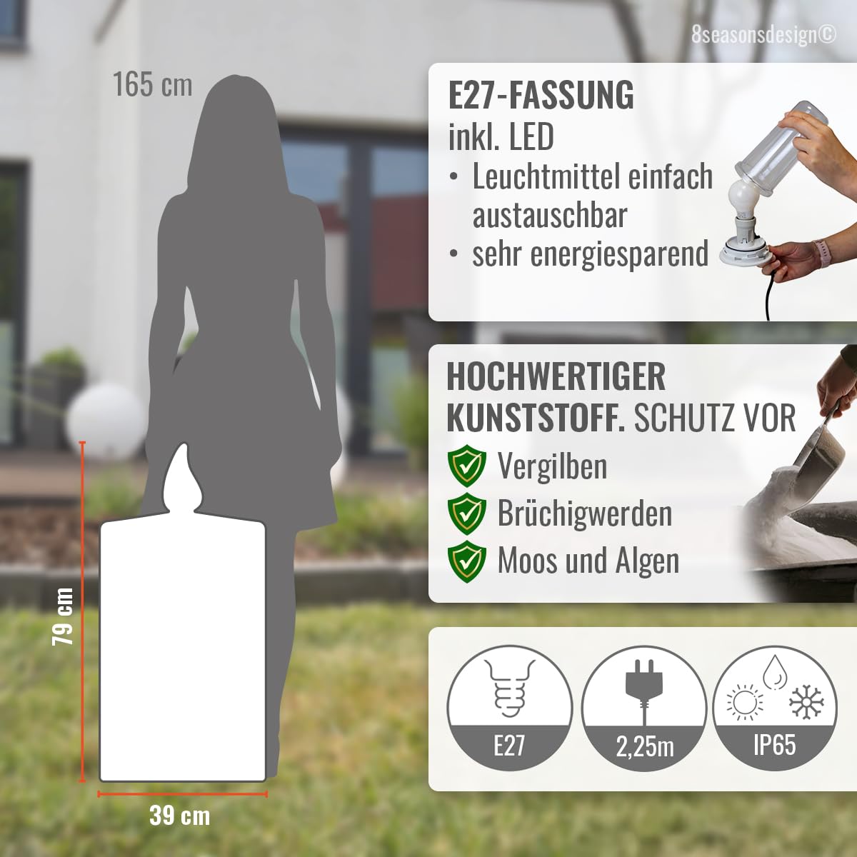 8 seasons design Dekoleuchte Kerze Shining Candle 80 cm (Weiß) E27-Fassung, LED warmweiß – wetterfest – für innen & außen (Garten, Terrasse, Balkon) - Weihnachten, Deko Advent