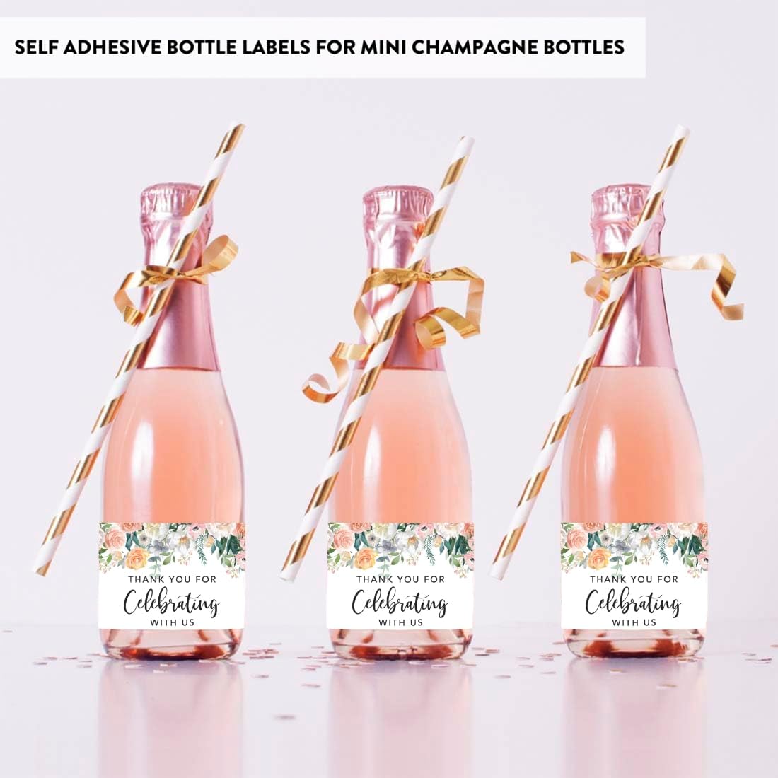 Andaz Press Mini Champagne Wine Bottle Labels, Thank You for Celebrating with Us, Peach Coral Floral Roses, 20-Pack, Mini Champagne Favor Gift Labels Baby Shower Bridal Shower Bachelorette Party