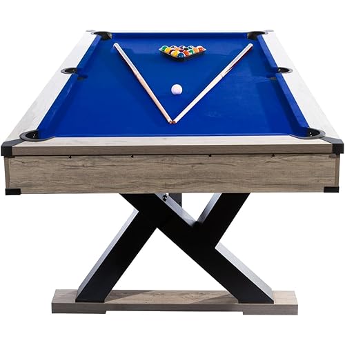7 FT Pool Table, Complete Set with 2 Cues, 16 Balls, 2 Chalks, Triangle, Brush, K-Leg Construction, Adult Billiard Table for Home, Professional Black Cloth, Rustic Grey Finish, 84 L x 46 W x 32 H Inch
