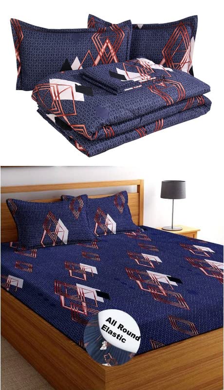 BSB HOME All-Season Printed 180 Tc Super Soft Light Weight 4 Pcs Bedding Set 1 King Size Elastic Fitted Bedsheet 2 Pillow Covers With Comforter-Ac Blanket/Quilt-King, 220 Gsm|Dark Blue & White-image-26