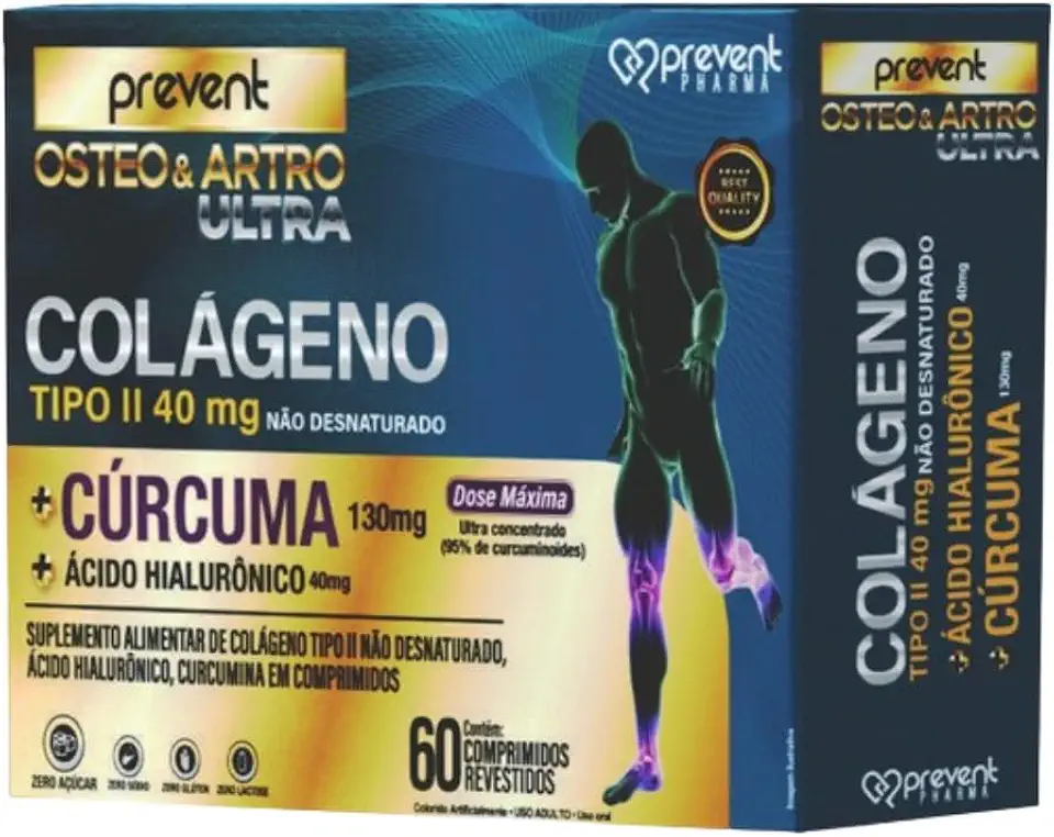 Colágeno Tipo II Não Desnaturado 40mg + Cúrcuma 130mg + Ácido Hialurônico 40mg – Comprimidos Revestidos Osteo & Artro Ultra Prevent Pharma