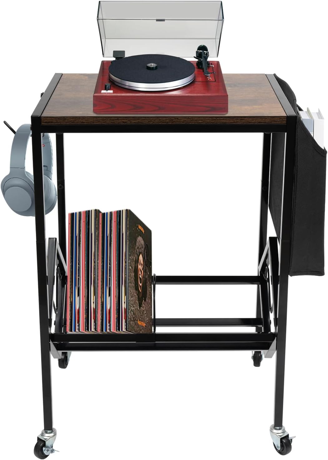2 Tier Record Storage Rack, CD Racks with Wheels, Media Storage Rack - Contemporary Wood & Metal Design with Wide Feet