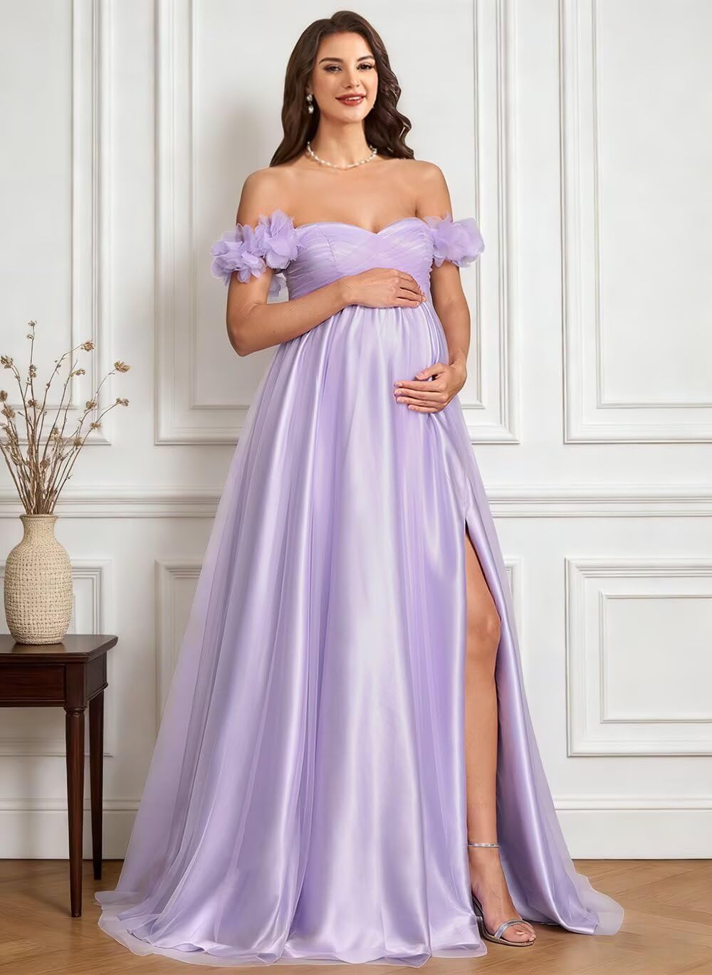 Women's Off The Shoulder Maternity Dresses for Photoshoot High Slit 3D Floral Tulle Baby Shower Dress - Image 5