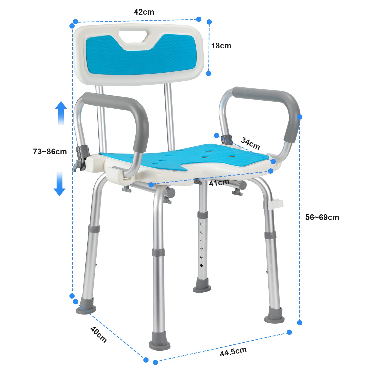 Silla de Ducha con Respaldo y Reposabrazos, Taburete de Baño, Taburete de Ducha Asiento de Ducha Regulable en Altura, Asiento de Baño de Aluminio para Personas Mayores, Antideslizante