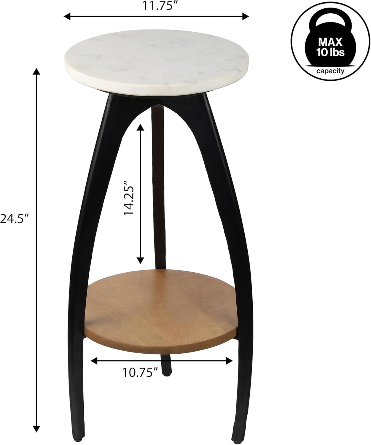 JONATHAN Y Ollie 24.5" Martini Cocktail Accent Modern 2-Tier Round Drink Table, White Faux Marble Top and Black Metal Arch Legs, Small Pedestal Side Table with Wood Shelf for Living Room END3001A