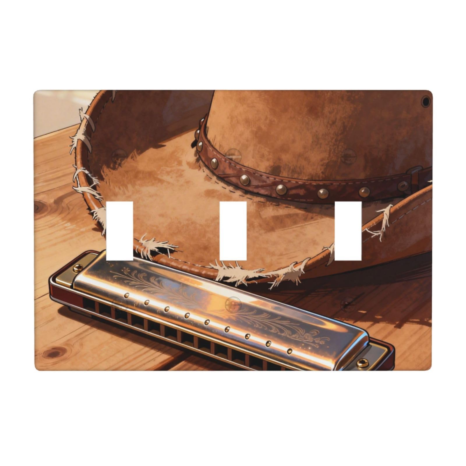 Harmonica Cowboy Hat 3 Gang Switch Plate Cover-Unbreakable Polycarbonate Wall Plate, Heat Resistant Toggle Switch Decor for Home