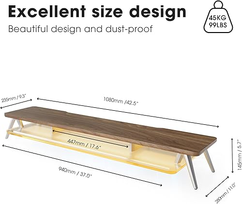 Miniatura 5 de Fenge Soporte de monitor doble para escritorio, elevador de monitor de 2 niveles con estante acrílico y luces LED de control de aplicaciones,