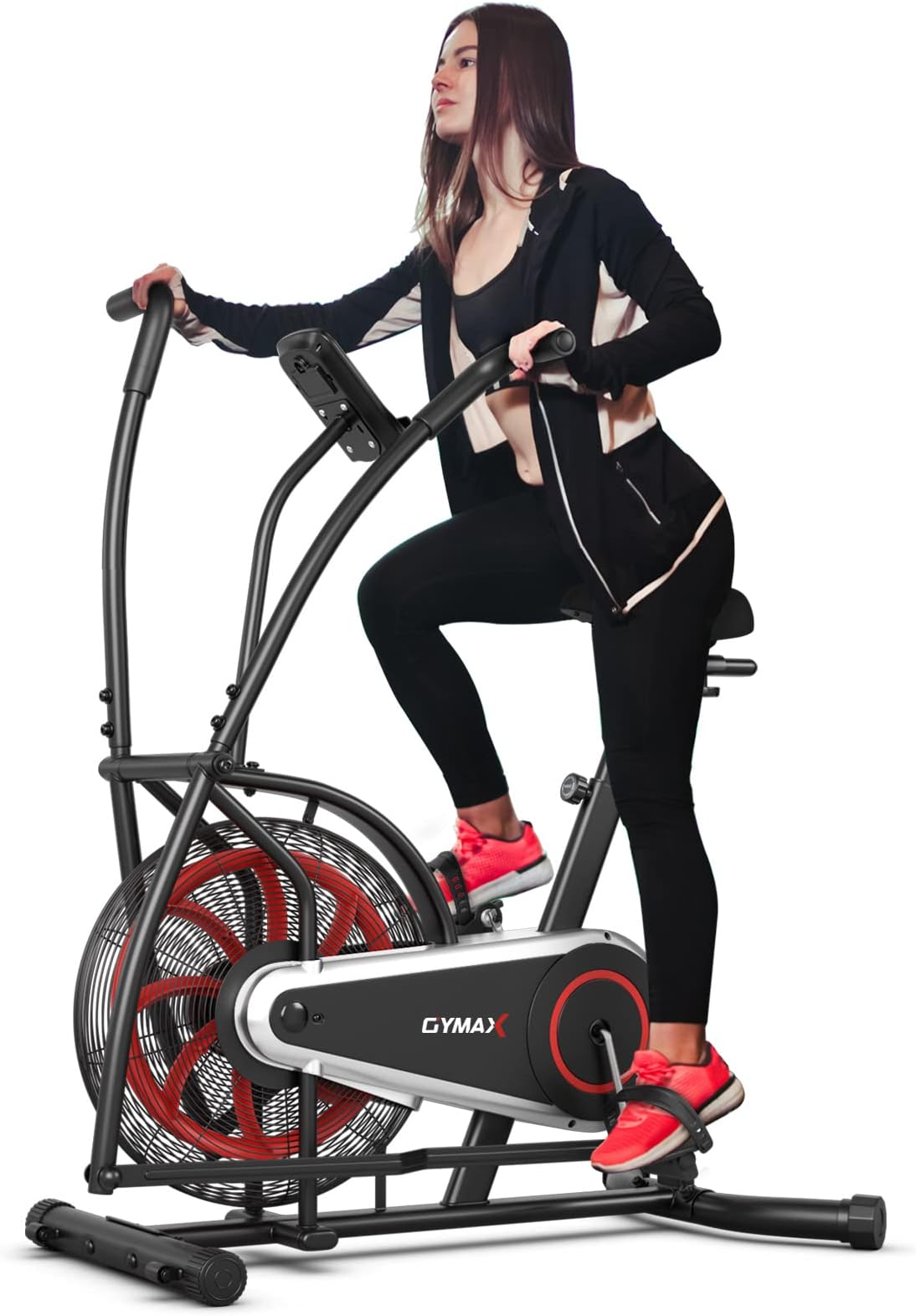 Fan Bike, Air Resistance Upright Bike with LCD Monitor, Phone Holder & Built-in Wheels, Fully Adjustable Stationary Exercise Bike for Home Gym Cardio Training Workout Fitness