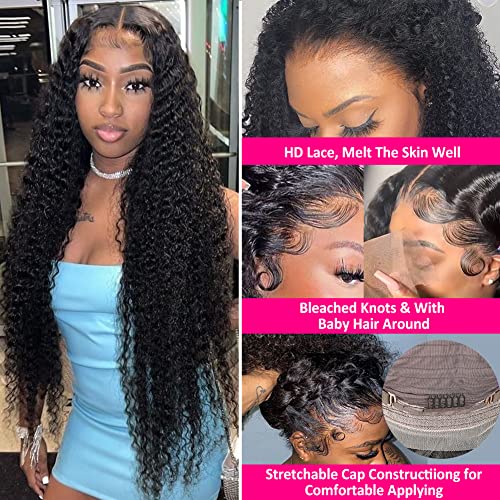 CYNOSURE HD Lace Front Wigs Human Hair Pre Plucked 180% Density Kinky Curly Lace Frontal Wigs Human Hair Glueless Natural Black Color 28inch - Thumbnail 2