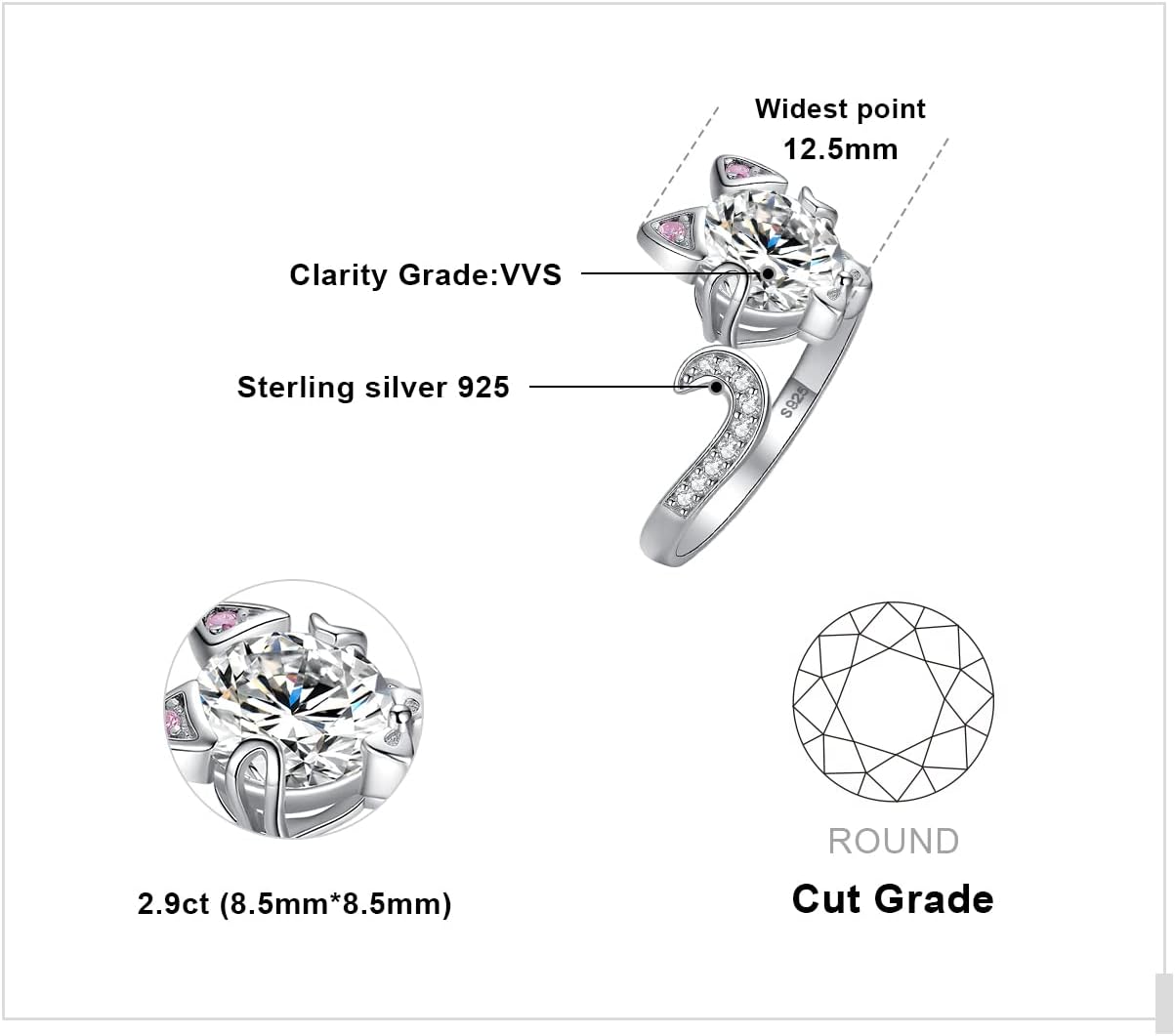 JewelryPalace Sweet Cat Pink Cubic Zirconia Rings for Women, Bow 14K White Gold 925 Sterling Silver Open Adjustable Ring for Her, CZ Gemstone jewelry Sets Rings - Image 2