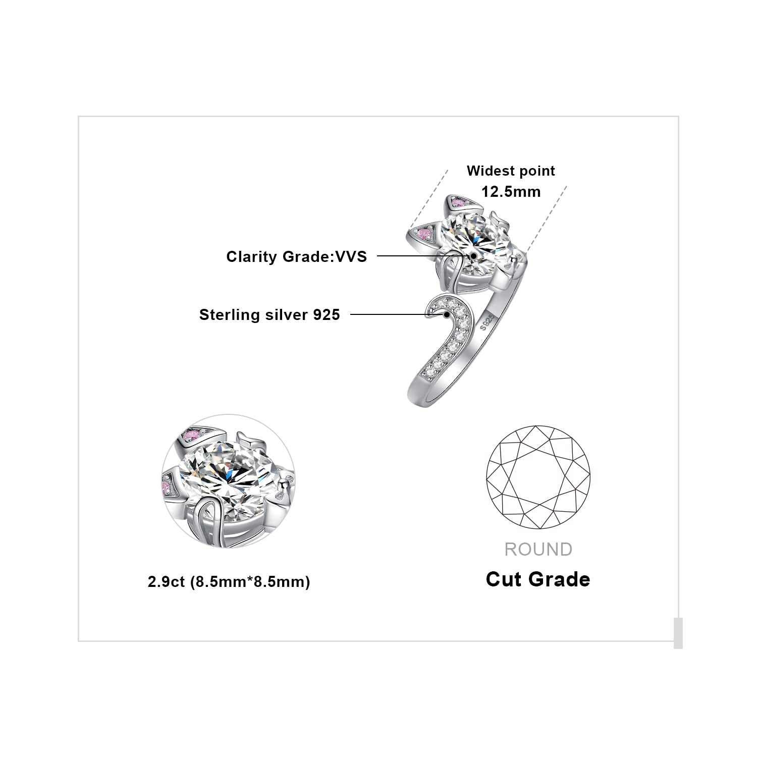 JewelryPalace Ajustable Anillo Plata Mujer de Gato Rosa con Lindo Lazo, Anillo Abierto 3ct Circonita, Anillos Niña Plata de Ley 925 Piedra Preciosa, Anillo Llamativo Diamante Simulado, Conjunto Joyas