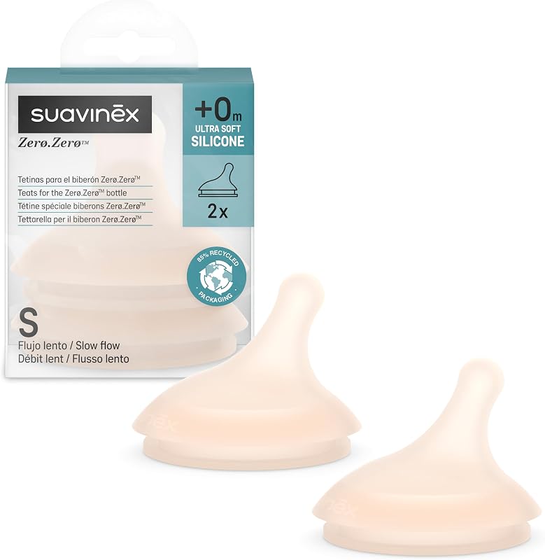 Suavinex, Lot de 2 Tetines pour Biberon Anti Colique Zero Zero. Débit Lent (S), Débit Lent, Laisse Passer Peu de Liquide, Idéal Premiers Jours, Tétine pour Biberon Zero Zero, en Silicone, +0 Mois, 2 U