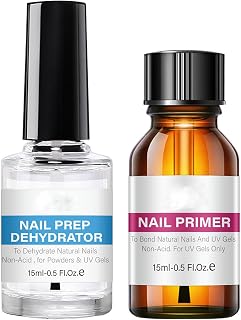 Nail Dehydrator and Primer, Gel Nail Polish Prime 2Pcs 15ml Acid Free Natural Nail Primer and Dehydrator Set Fast Air Dry Superior Bonding Primer for Gel Nail Polish & Acrylic Powder Supplies Set
