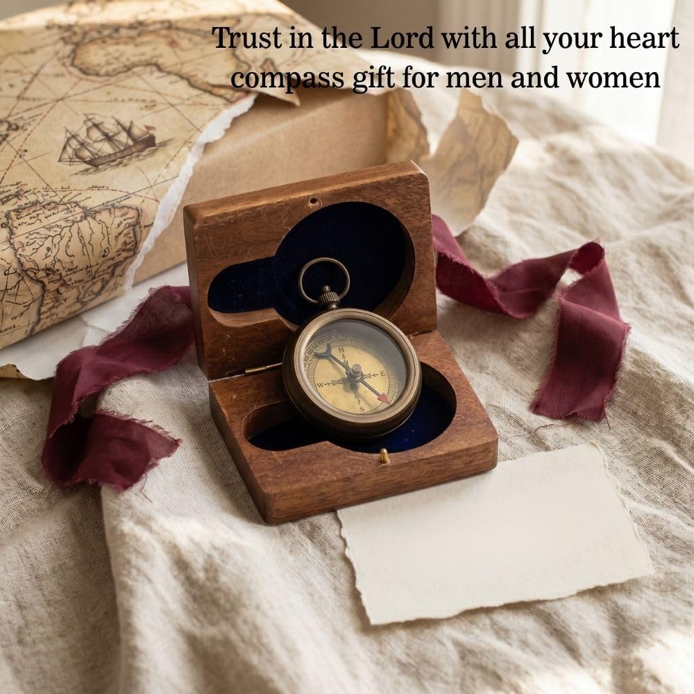 Compass – Brass Directional Vintage Compass Engraved with “Trust in The Lord with All Your Heart” Proverbs 3:5-6 Quote, Baptism 2026 Communion Christian Inspirational Gifts for Women/Men