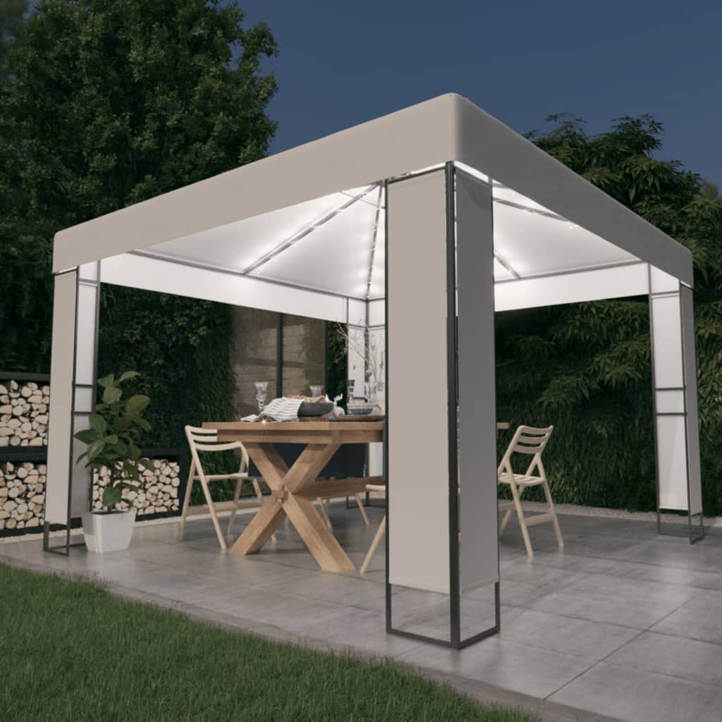 Pavillon 3x3 m mit Doppeldach und Solar-Lichterkette, Stabiler Gartenpavillon aus pulverbeschichtetem Stahl, Elegantes Partyzelt für Garten und Terrasse, Weiß