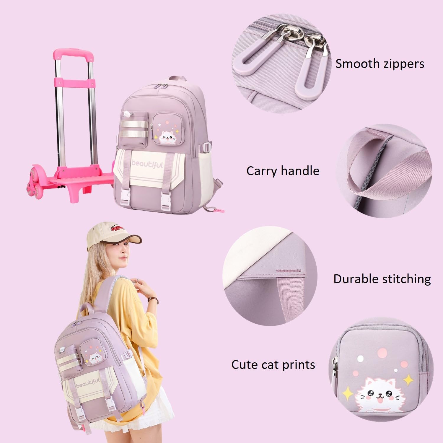 Cat Print Rolling Backpack for Girls Kids Backpack with Wheels Roller Bookbag Trolley School Bag Wheeled Bag Green - Image 5