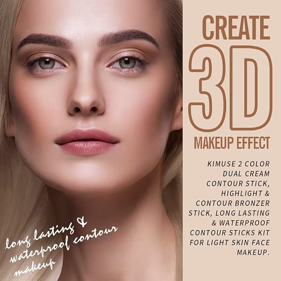 KIMUSE 2 Color Dual Cream Contour Stick, Highlight & Contour Bronzer Stick, Long Lasting & Waterproof Contour Sticks Kit for Light Skin Face Makeup