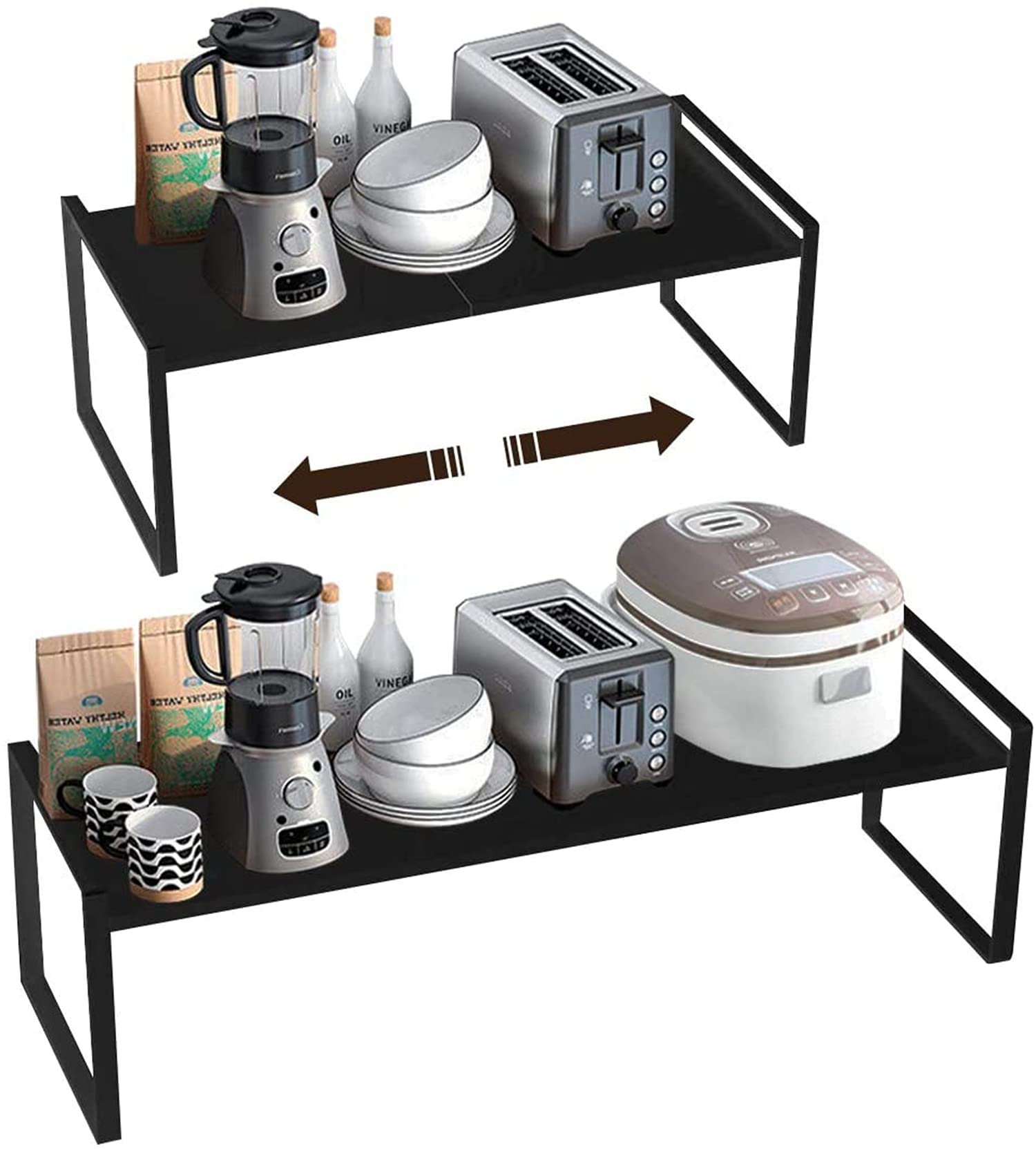 KZOBYD Erweiterbar Küchenregal, Faltbares Küchenschrank Regal Küchen Gewürzregal Organizer für Geschirr und Vorräte Stapelbarer Küchenablage Organizer für mehr Abstellfläche (Schwarz, L)