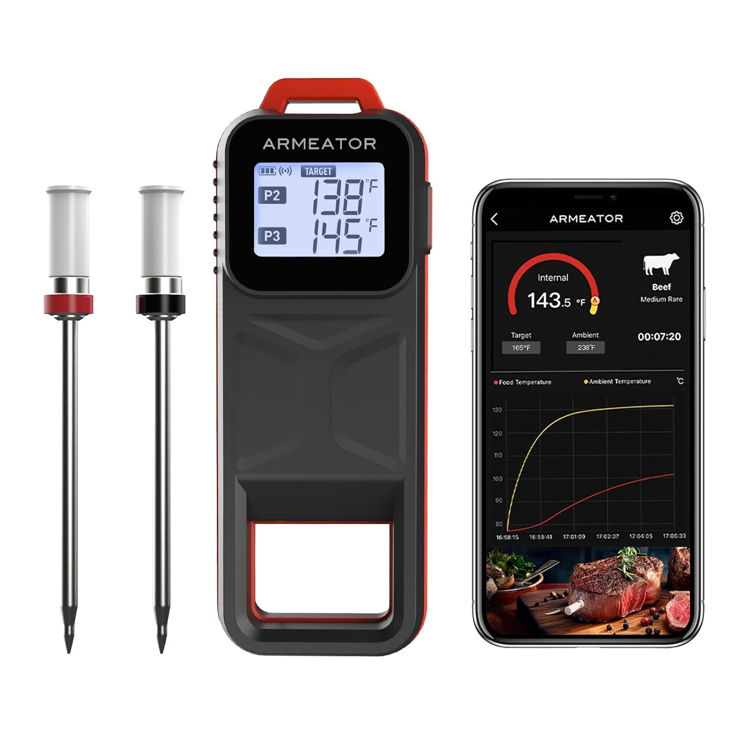 ARMEATOR Meat Thermometer for Grilling, Smoking & Cooking – Dual Probe Wireless Smart BBQ Thermometer with App, Long Range, Rechargeable, Water-Resistant, for Oven, Air Fryer & Outdoor Cooking