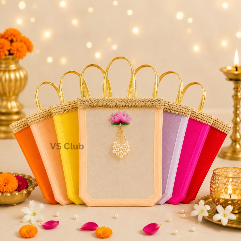 VS Club Handmade Organza Gift Bag 6X8Inch | Reusable Net Return Gift Bag for Ladies with Lotus Pearl Design | Wedding Shagun Hamper Bag for Raksha Bandhan, Ganesh Chaturthi, Varalakshmi Vratham, Diwali & Sankranti Vaan Haldi Kumkum SMALL (2PIECE)-image-35