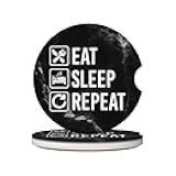 Haebfsl Eat Sleep Repeat. Absorbent Car Coasters 2 Pack for Cup Holders,Ceramic Coasters with Cork Back and Finger Slot,Cute Cupholder Accessories for Women/Men 2.56