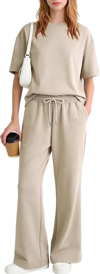 COZYPOIN Women 2 Piece Lounge Sets Air Light Short Sleeve Wide Leg Pant Set