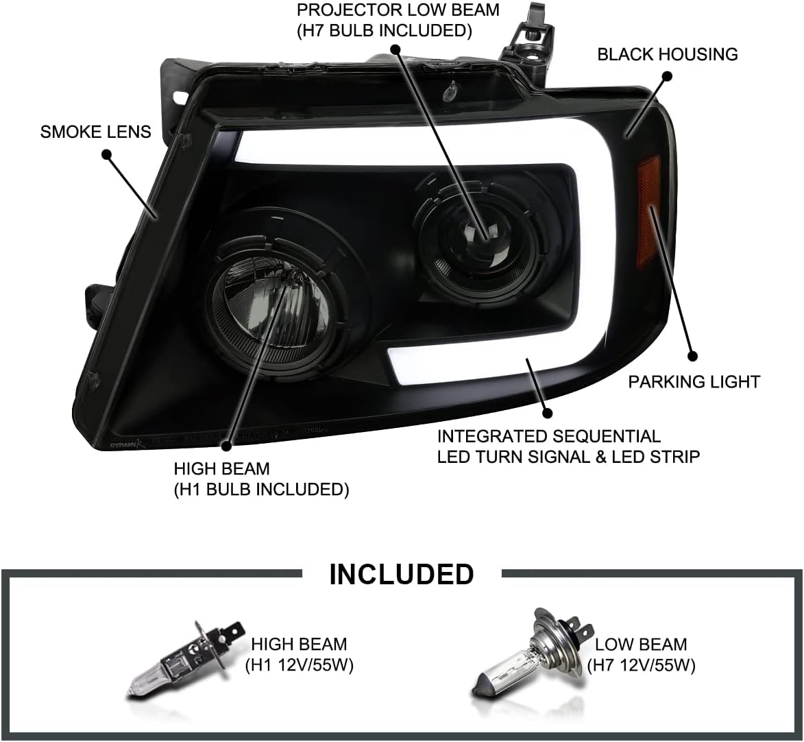 SPEC-D TUNING Black Smoke Projector Headlights w/Switchback Sequential Signal LED Tube Compatible with 2004-2008 Ford F150 2006-2008 Lincoln Mark LT, Left + Right Pair Headlamps Assembly
