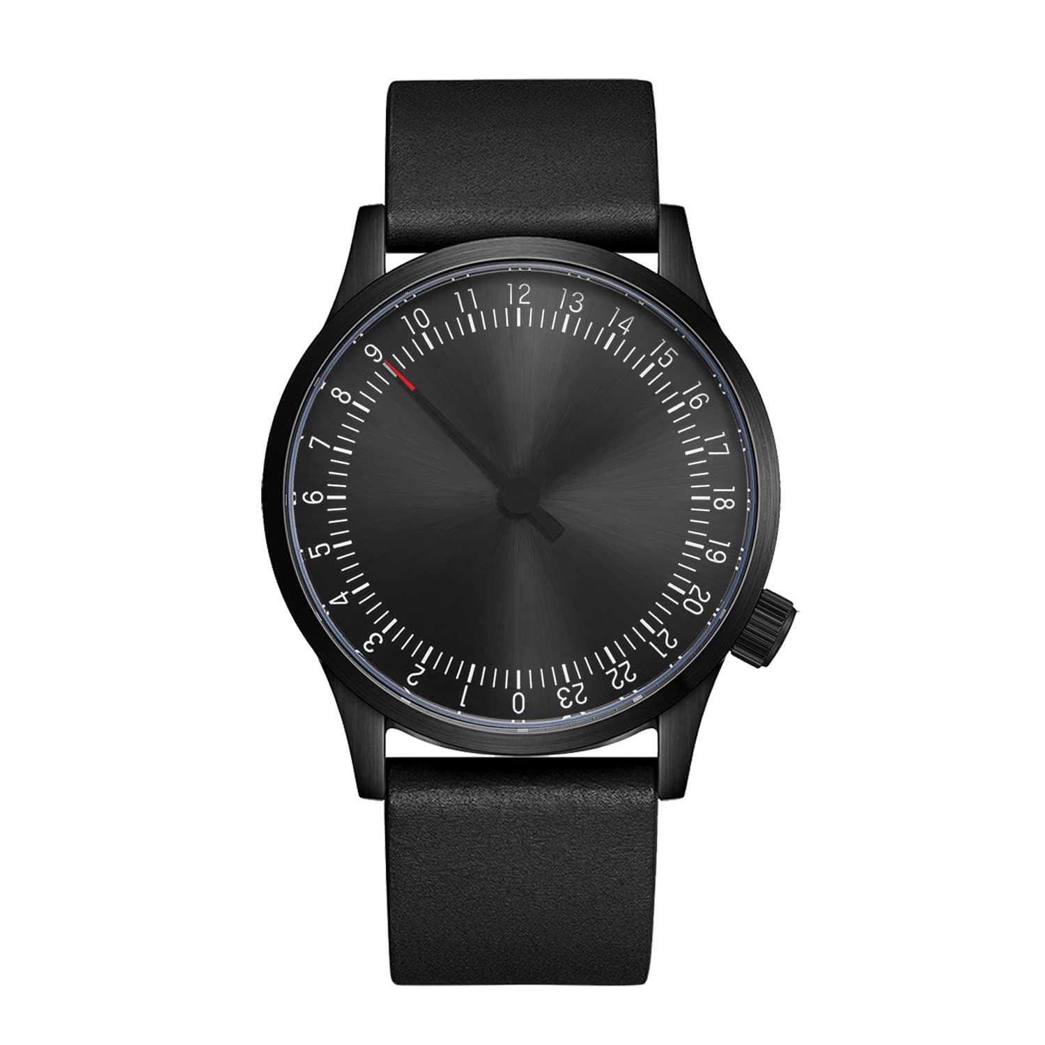 JIANDUNSwiss Movement Men's One Hand 24 Hour Watch Single Hand Black Case with Italian Leather Strap