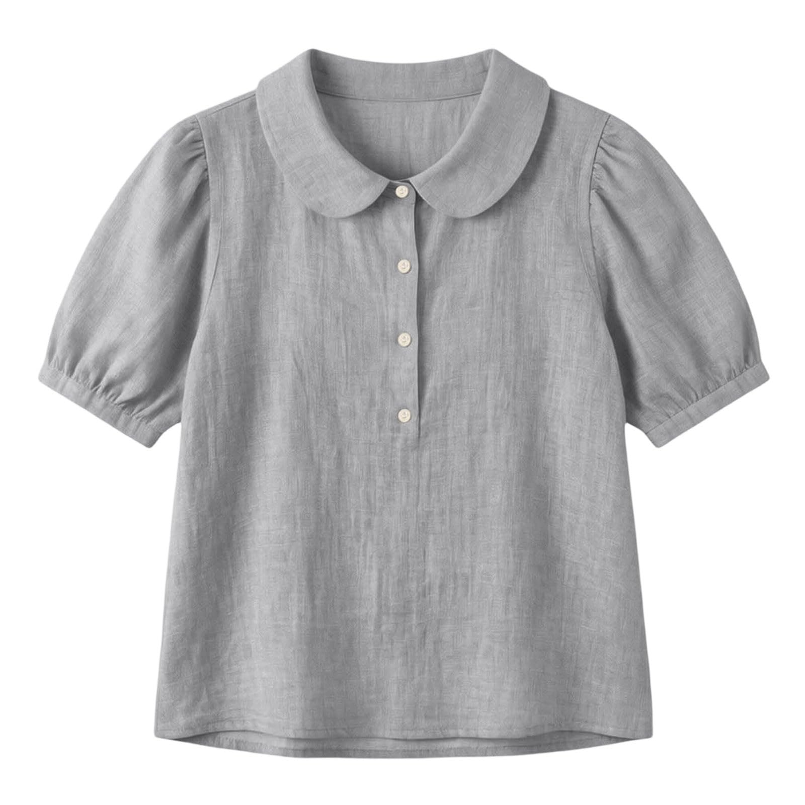 Blouse Femme Chic Et éLéGant Col Rond Boutonné - Chemisier Coton Lin LéGer Respirant Manches Courtes Coupe Ample BohèMe DéContracté éTé Quotidien Grande Taille S-5XL
