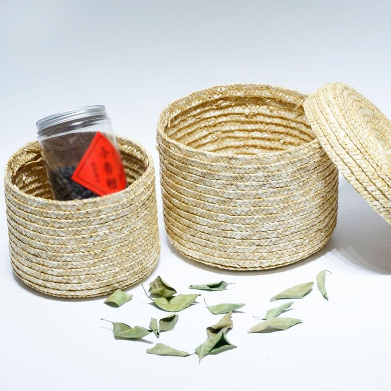 Wäschekorb Gras Handgewebter Aufbewahrungskorb mit Deckel Weben Snack Kleinigkeiten Kosmetik Aufbewahrungsbox Haushaltsaufbewahrung(B 18CM)