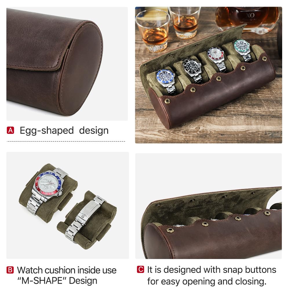 Hiram Estuche enrollable de piel auténtica, caja de almacenamiento para 4 relojes, funda de viaje con cojín extraíble, organizador protector portátil