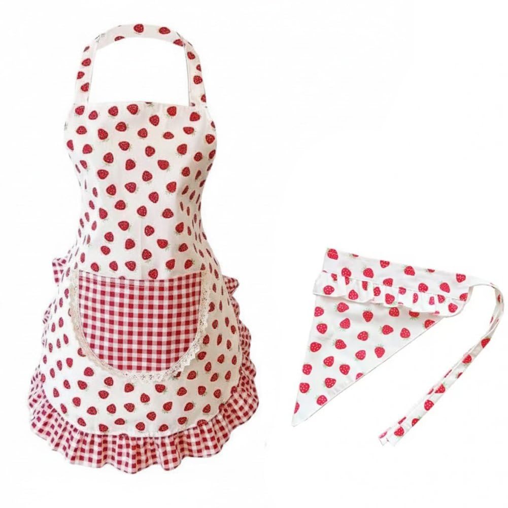 Sslvya Cute Strawberry Apron with Headscarf for Women, Sweet Kitchen Cooking Baking Chef Aprons with Pockets, Gifts for Women