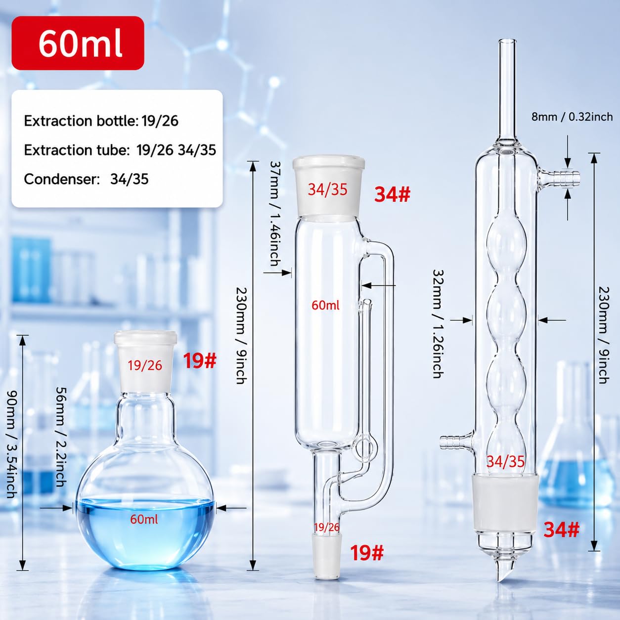 Borosilikat Glas Soxhlet Typ Extraktionsgerät Laborglas Kit Soxhlet Extraktor mit Kondensator und Flachbodenkolbe für Labor-Skala Reflux (60ml)