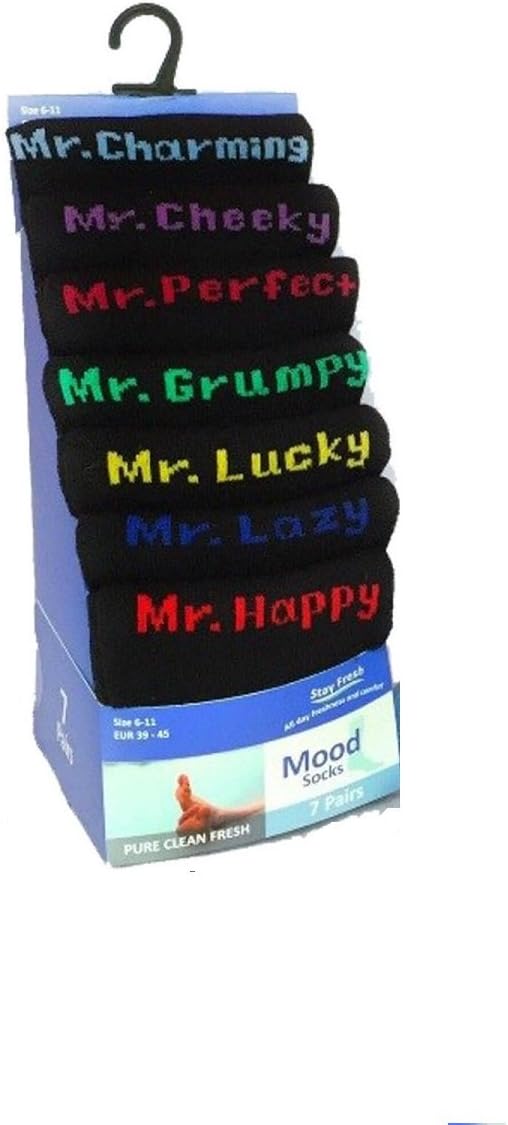 FLAVES FASHION (FF11) 7 PK Days of the Week, Mood, Novelty Black Cotton Rich Suit Everyday Socks 6-11