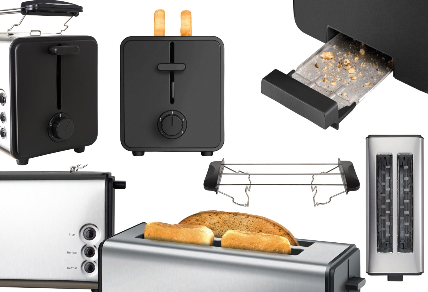Zilan, Grille-pain à fente longue, 4 tranches de Toastautomatique, XXL, 5 niveaux de rôtissage, accessoire de pain, fonction décongélation, tiroir ramasse-miettes en acier inoxydable