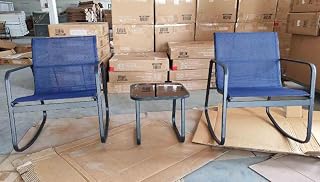 GOPLUS Set 3 Piezas Balancín Jardin, 2 Sillas y 1 Mesa Baja de Cristal, con Tejido de Malla Transpirable, Banda Antideslizante, Juego de Conversación para Exterior Patio Piscina Balcón (Azul)