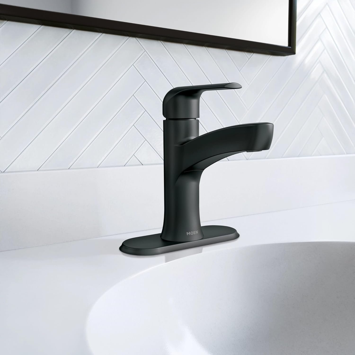 Moen Tilson Matte Black One-Handle Bathroom Sink Faucet with Optional Deckplate, 84565BL