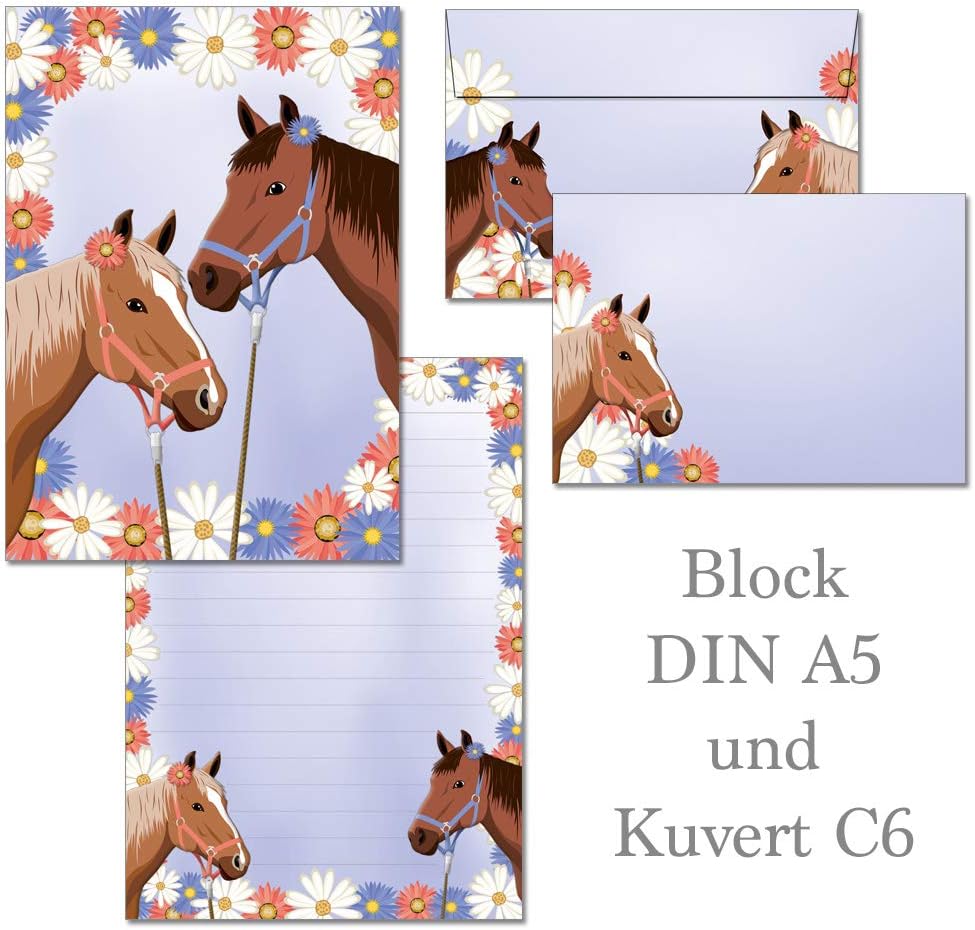 Two horses - 1 writing pad DIN A5 with lines + 15 envelopes DIN C6