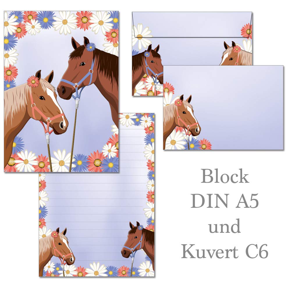 Two horses - 1 writing pad DIN A5 with lines + 15 envelopes DIN C6