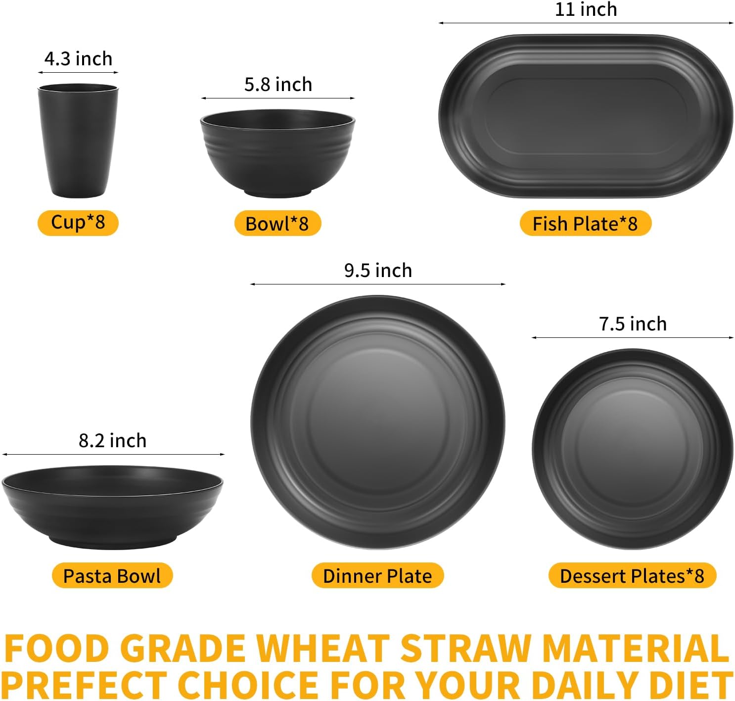 Lazycorner 48-Pcs Kitchen Wheat Straw Dinnerware Set, Service for 8, Plastic Reuasble Dinner Dishes Serving Plate Set for Kitchen, Including Dinner Plate, Dessert Plate, Bowl, Cup(Black) image 2
