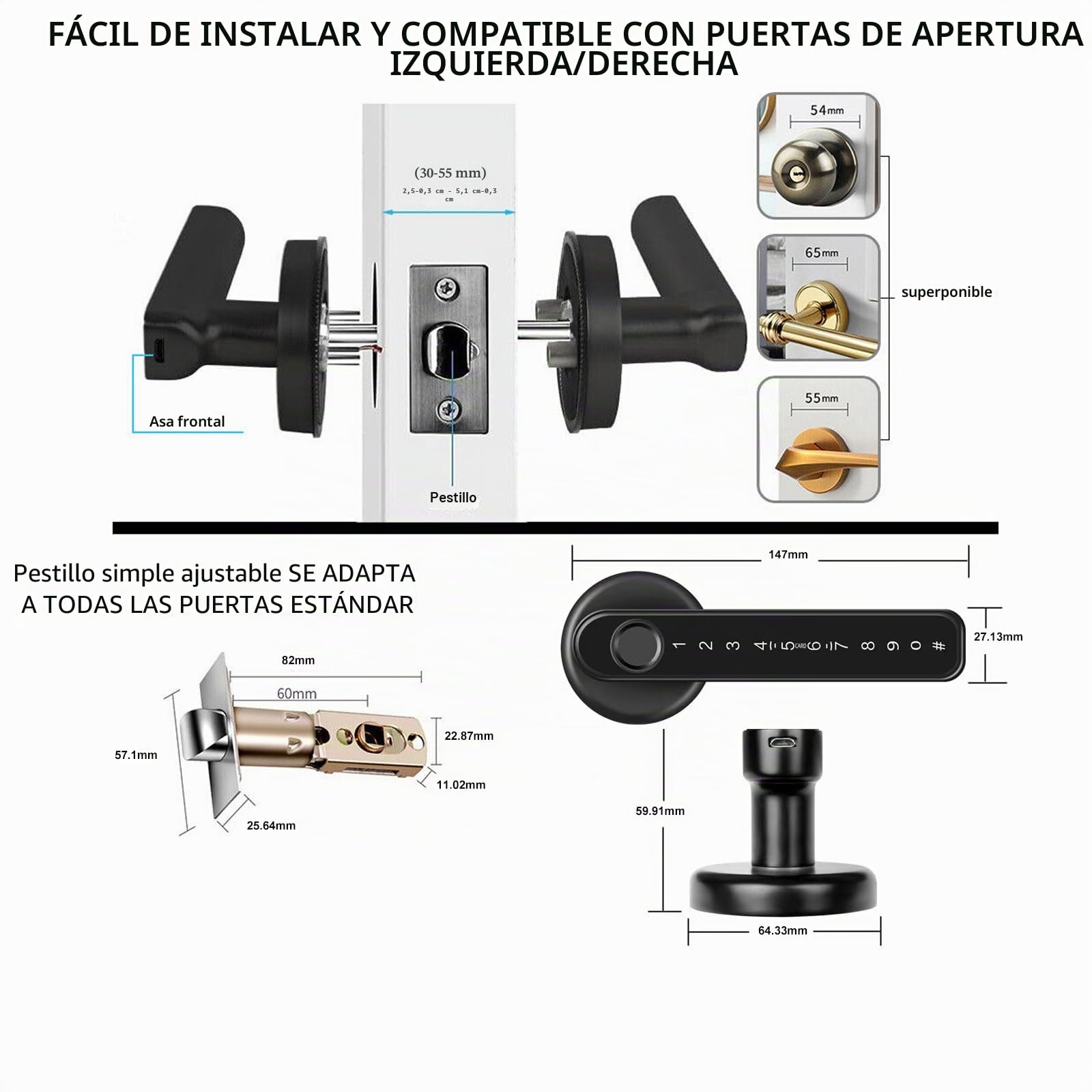 Cerradura de puerta inteligente con huella dactilar con manija de teclado para el hogar, apartamento, oficina, puerta delantera, dormitorio, cerradura de puerta de entrada sin llave