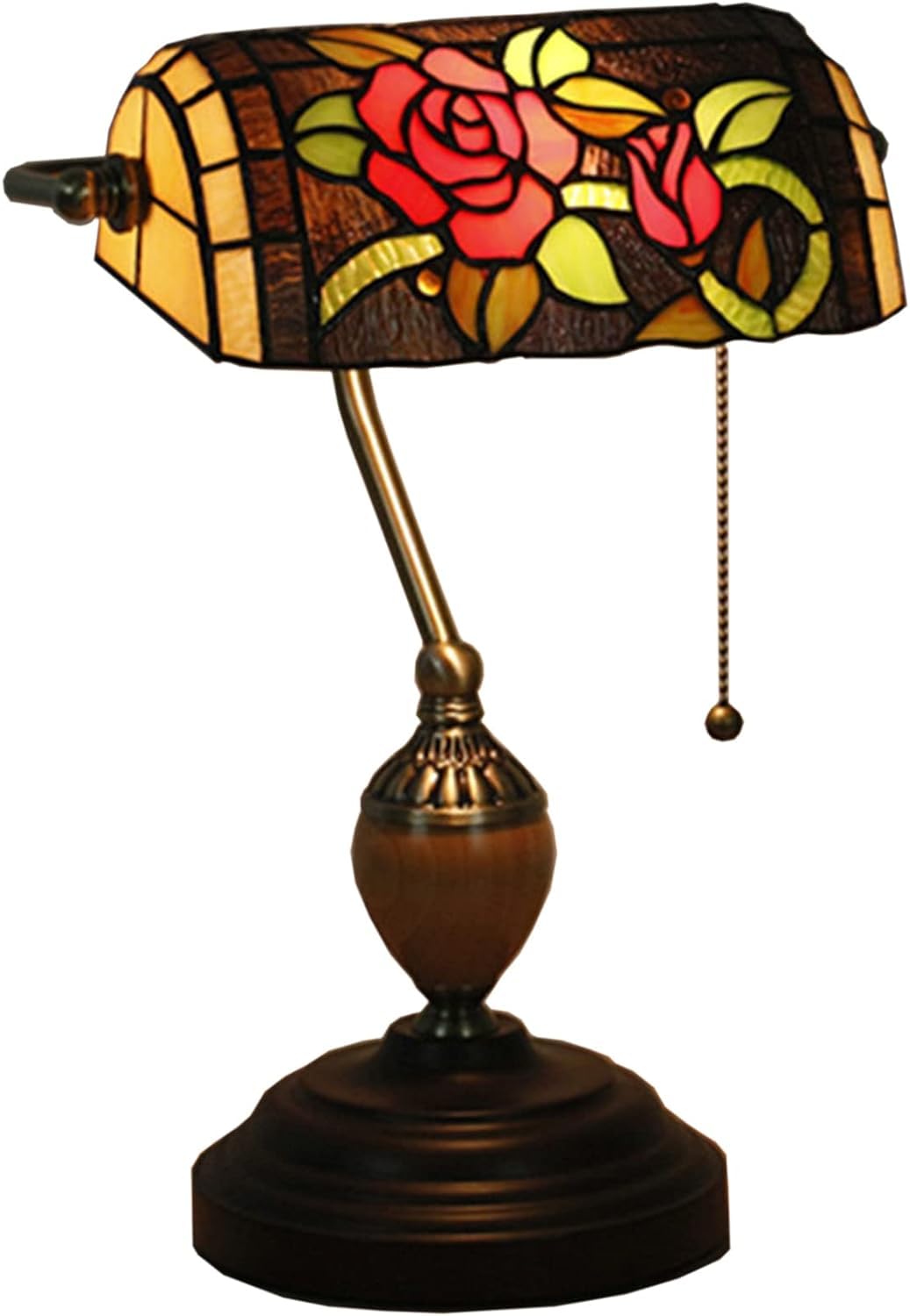 Lampa bankierska w stylu vintage Lampa stołowa w stylu Tiffany'ego Lampa na biurko z fortepianem Antyczna podstawa ze stopu Lampka nocna do sypialni Salon Witraż, złoty (czerwona róża)