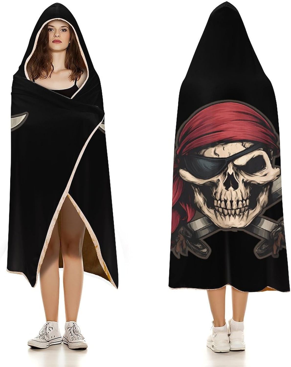 Skull And Crossbones Piratees Wearable Blanket Oversized Throw Cape | Cozy Hooded Blanket Gifts for Women Men