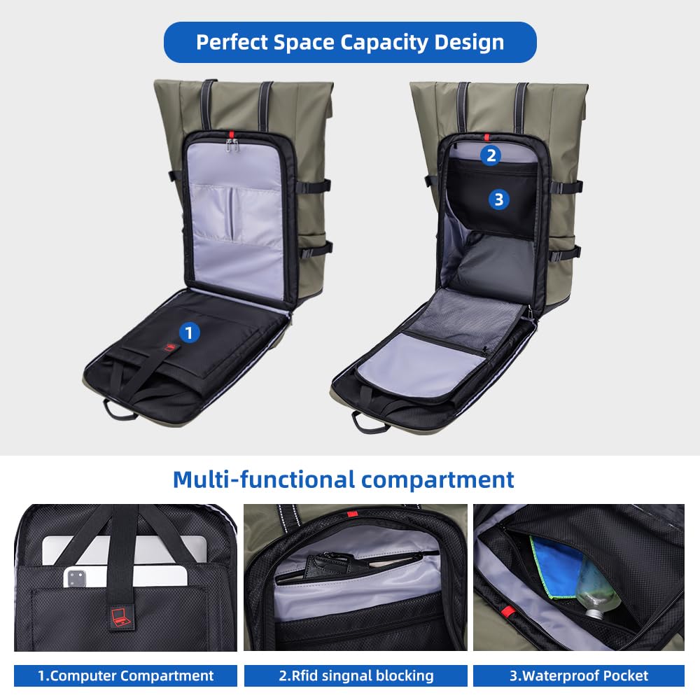 Mochila Rolltop Grande 42L Impermeable Portátil 17,3 Pulgadas para Hombre Mujer Escolar Ligera Bicicleta Antirobo Deportiva para Viajes Ciclismo Uni Tiempo Libre
