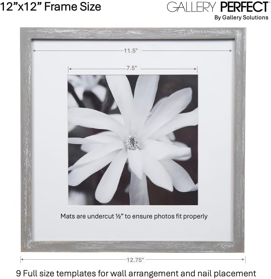 GALLERY PERFECT 12x12 Picture Frames, 9 Piece Set with Real Glass Cover for 8x8 Photos With Mat, Picture Frames Collage Wall Decor for Gallery Wall, Home Decor, Grey