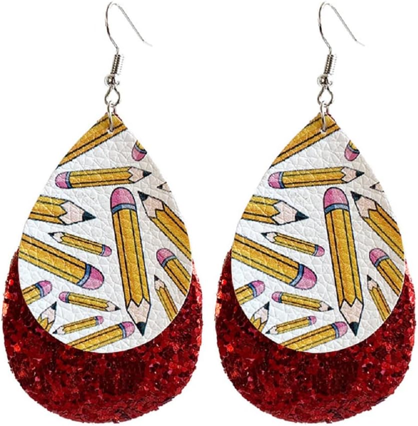 Funny Leather Layered Teacher Drop Dangle Earrings Apple Pencil Glitter Teardrop Class Subject Learning for Women Lightweight Teacher Appreciation Graduation Jewelry image 2