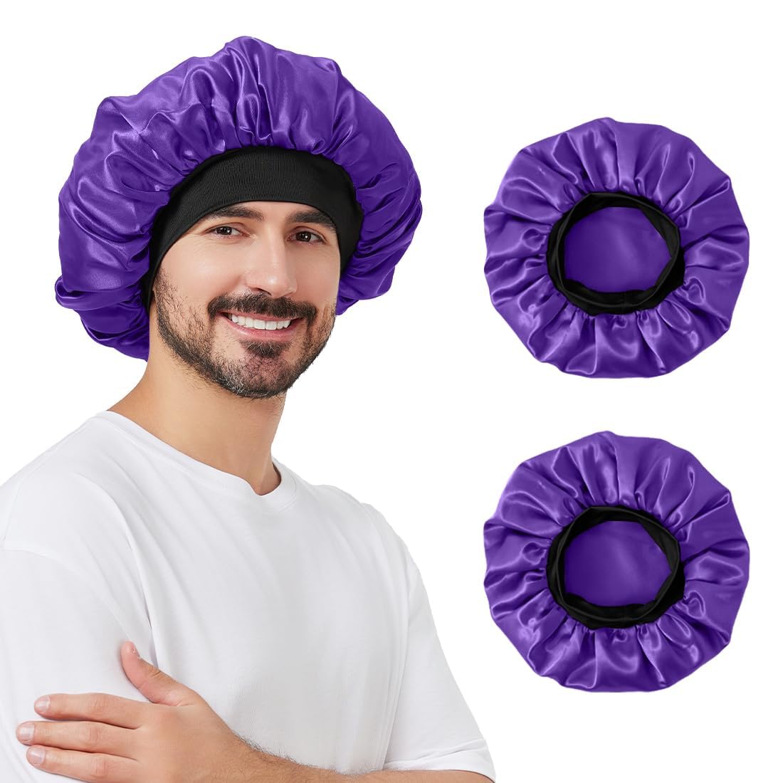 2 PCS Satin Silk Bonnet for Men Women, Hair Bonnet for Sleeping Men with Elastic Band, Large Silk Bonnet for Men Women Curly Hair Braids (Black+Blue)