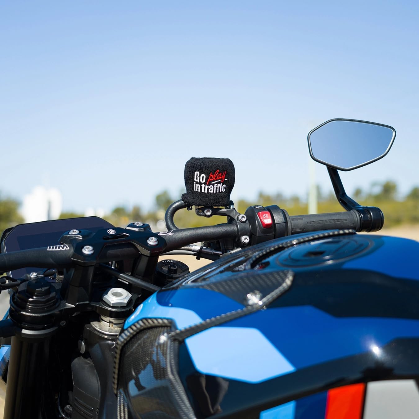 Brake Fluid Reservoir Cover Sock for Motorcycles, Sporbikes and Gifts by Moto Loot (Go Play In Traffic)