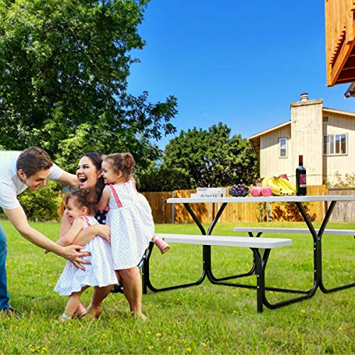 Gymax Picnic Table, Table Bench Set W/Stable Steel Frame & All Weather Table Top For Outdoors Backyard Patio Poolside Lawn Dining Party #TOP1